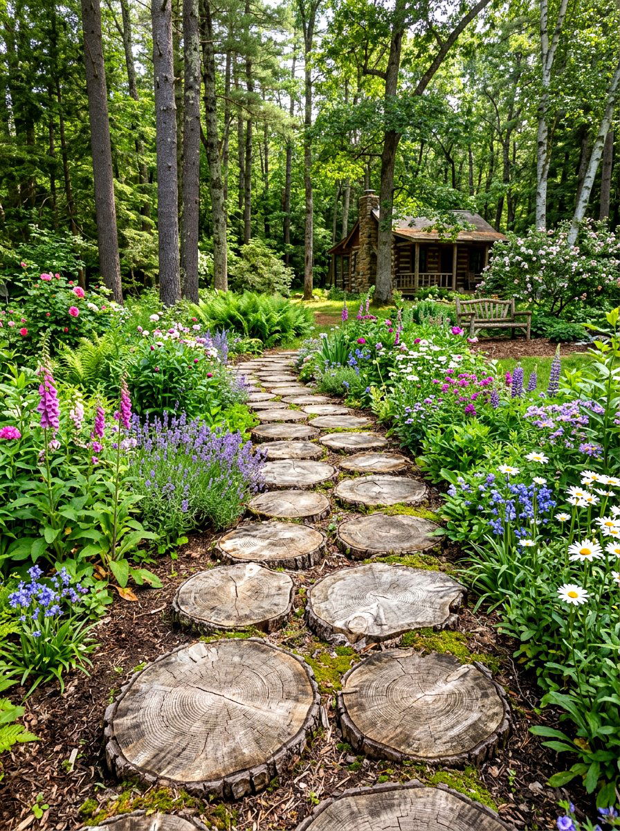 Rustic Log Slice Walkway - 30 walkway landscaping ideas