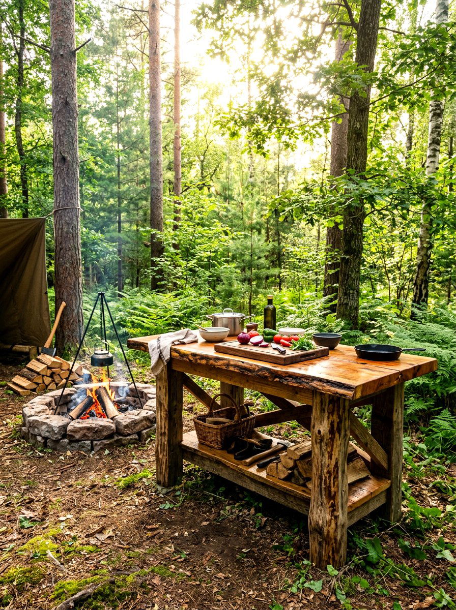 Rustic Log Table - 30 outdoor prep station ideas