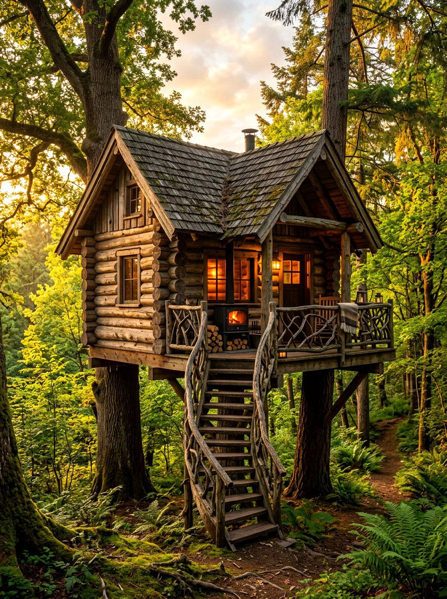 Rustic Log Treehouse - 30 treehouse ideas