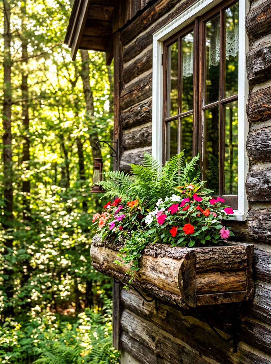 Rustic Log Window Box - 30 exterior flower box ideas