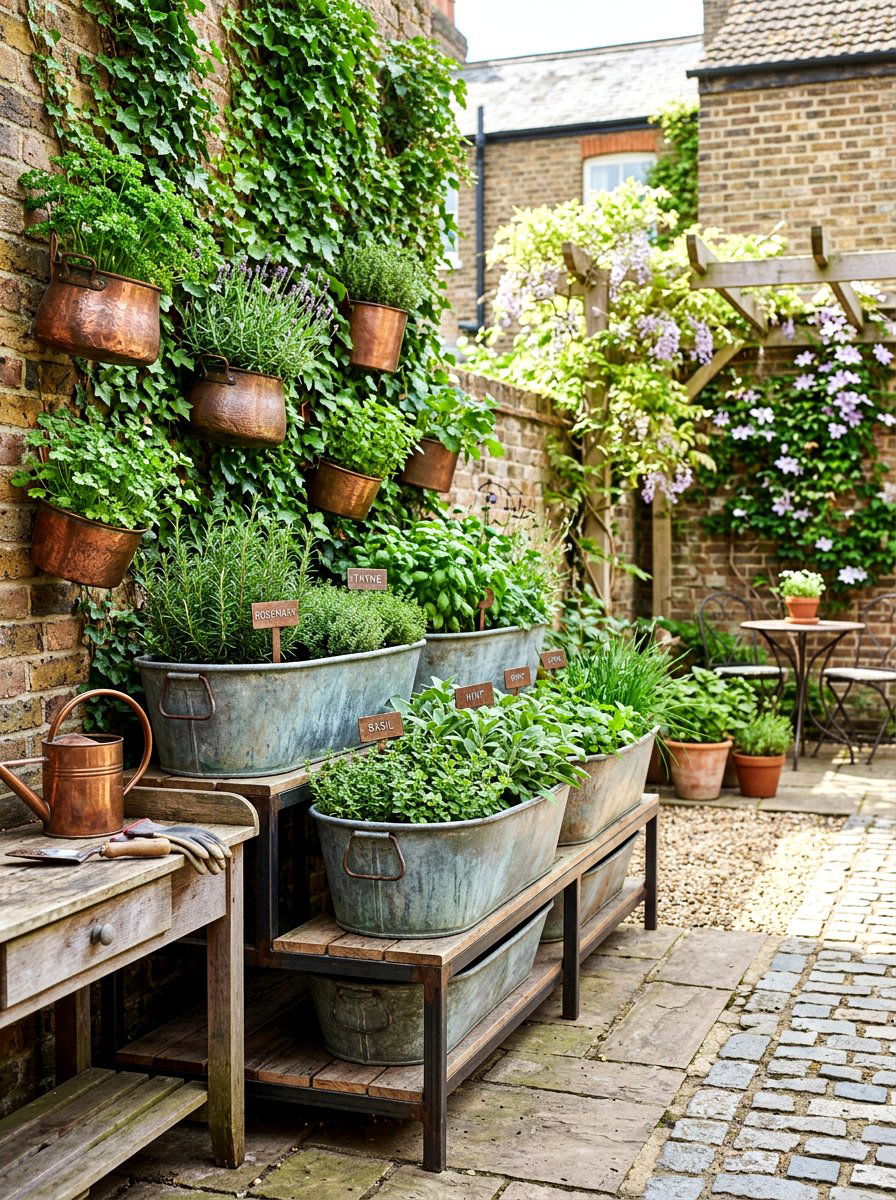 Rustic Metal Herb Garden - 30 courtyard herb garden ideas