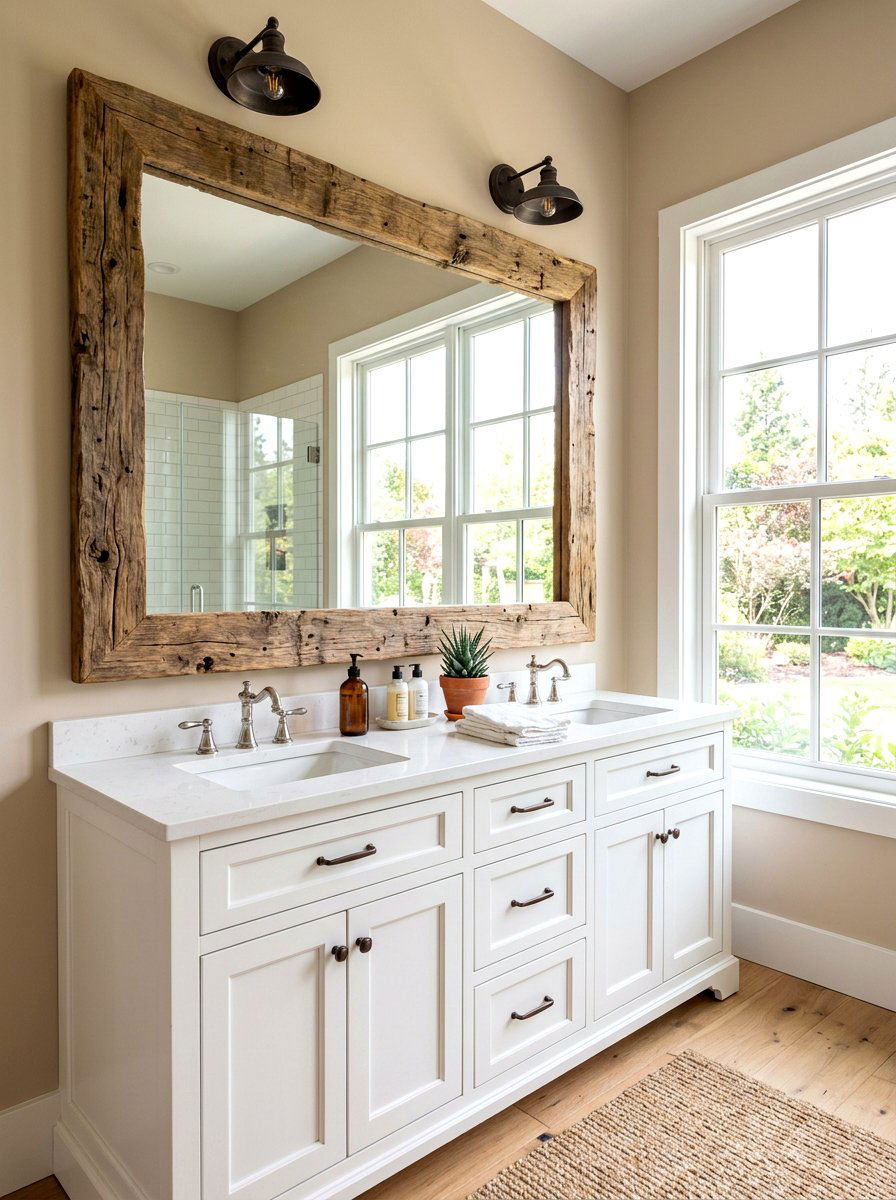 Rustic Mirror Frame - 30 cottage farmhouse bathroom ideas