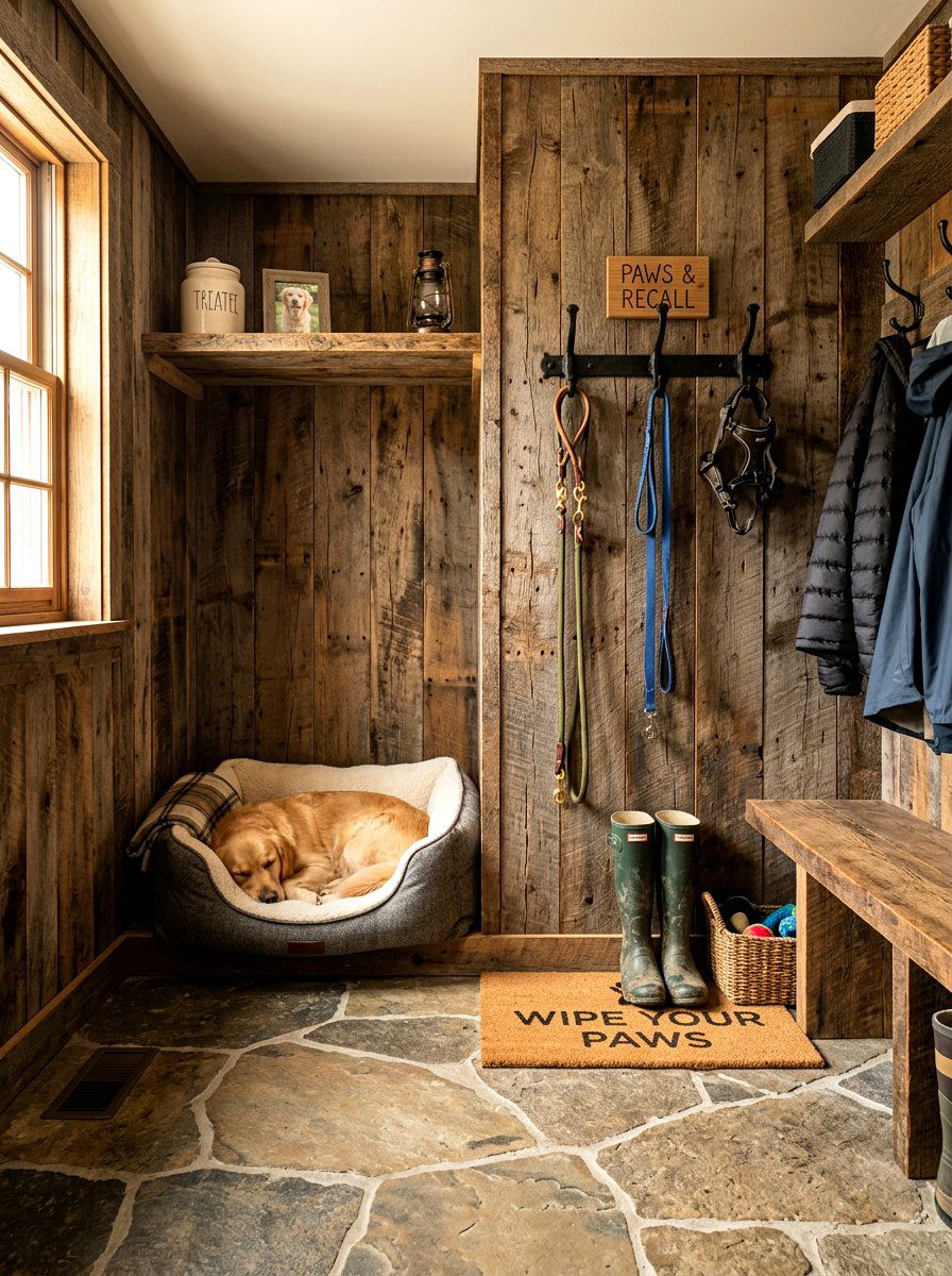Rustic Mudroom Pet Nook - 30 mudroom pet station ideas aesthetic