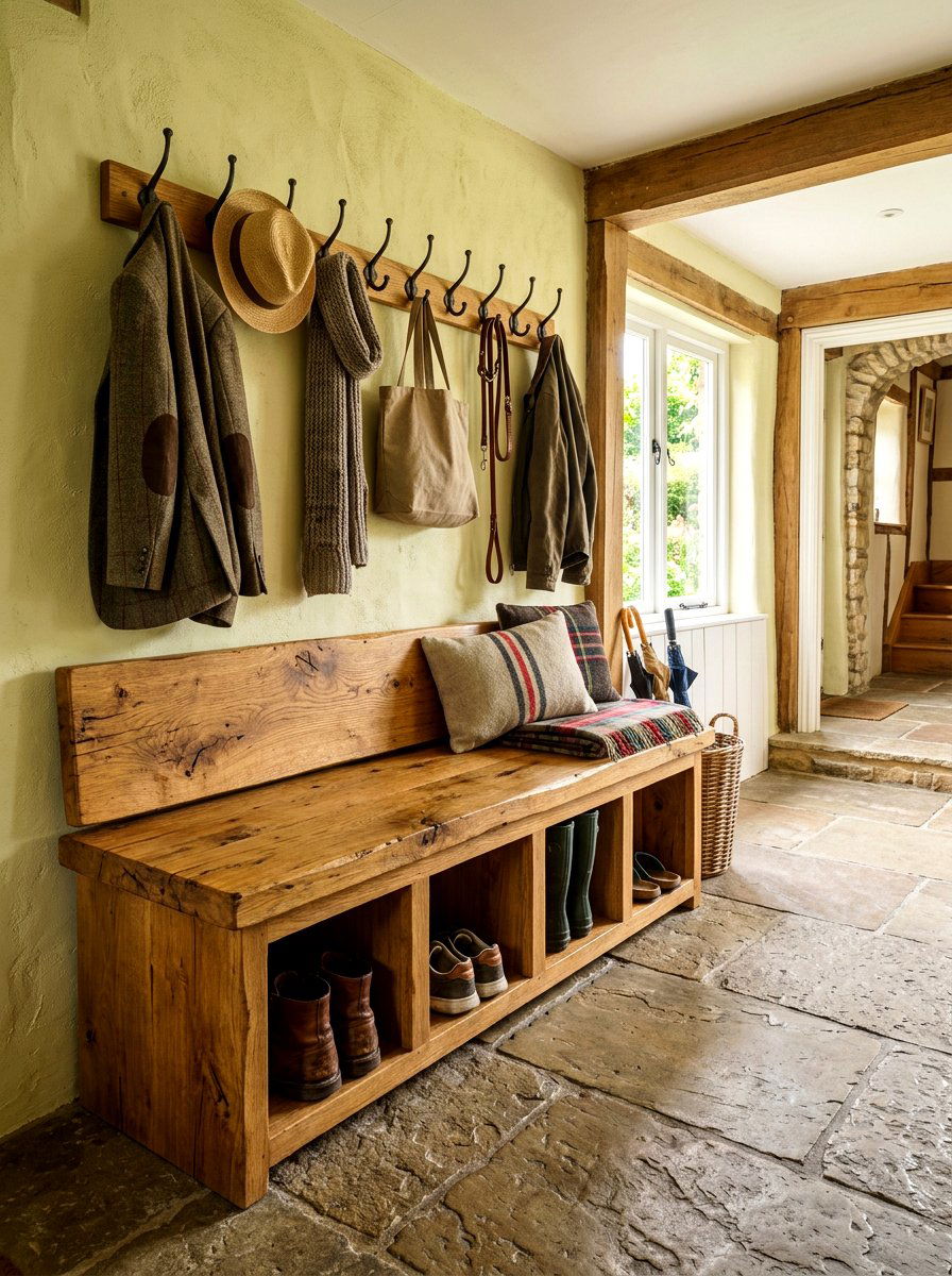 Rustic Oak Bench With Cubbies - 30 open mudroom shelving ideas