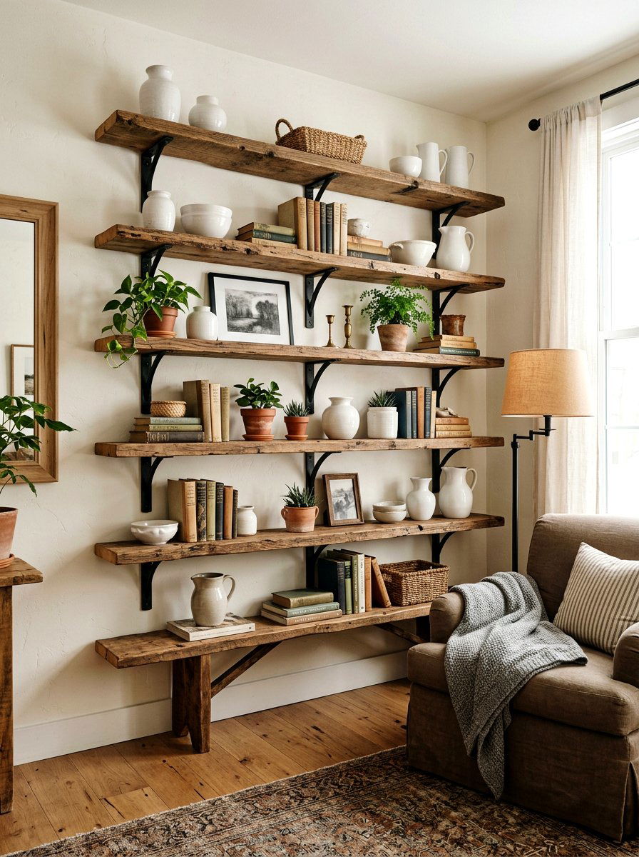Rustic Open Shelving - 30 rustic farmhouse living room ideas