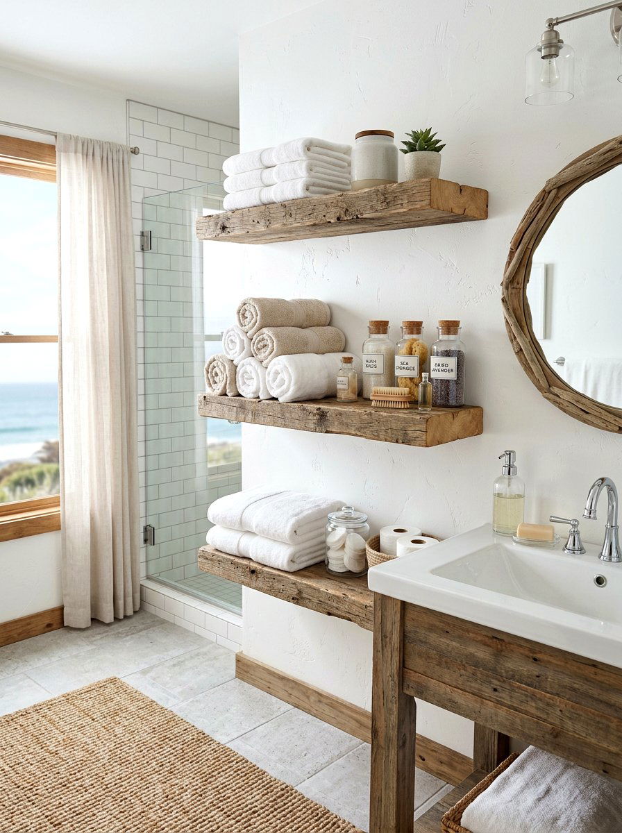 Rustic Open Shelving - 30 seaside bathroom ideas