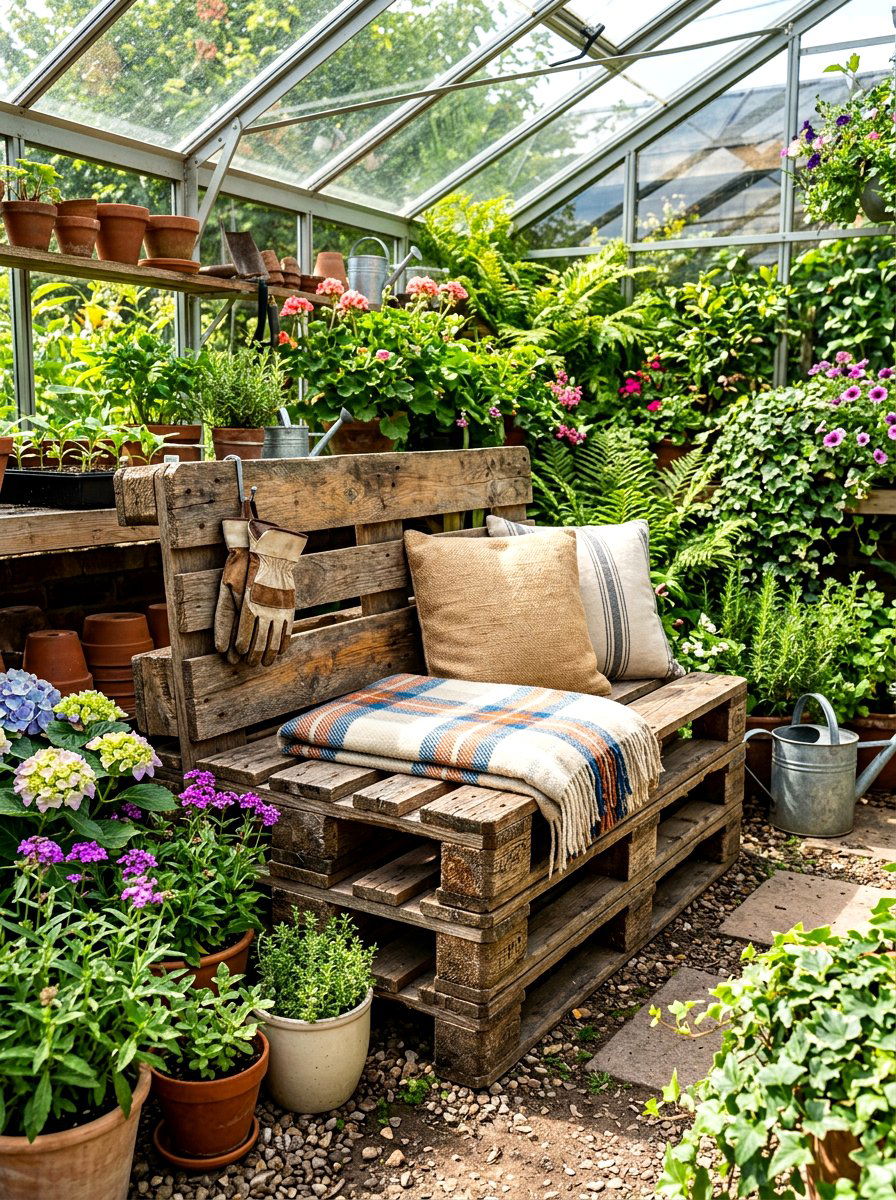 Rustic Pallet Garden Bench - 30 greenhouse storage bench ideas