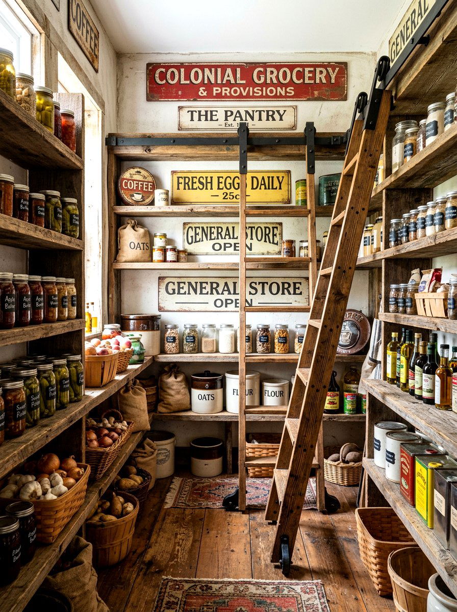 Rustic Pantry With Sliding Barn Ladder - 30 pantry with library ladder ideas