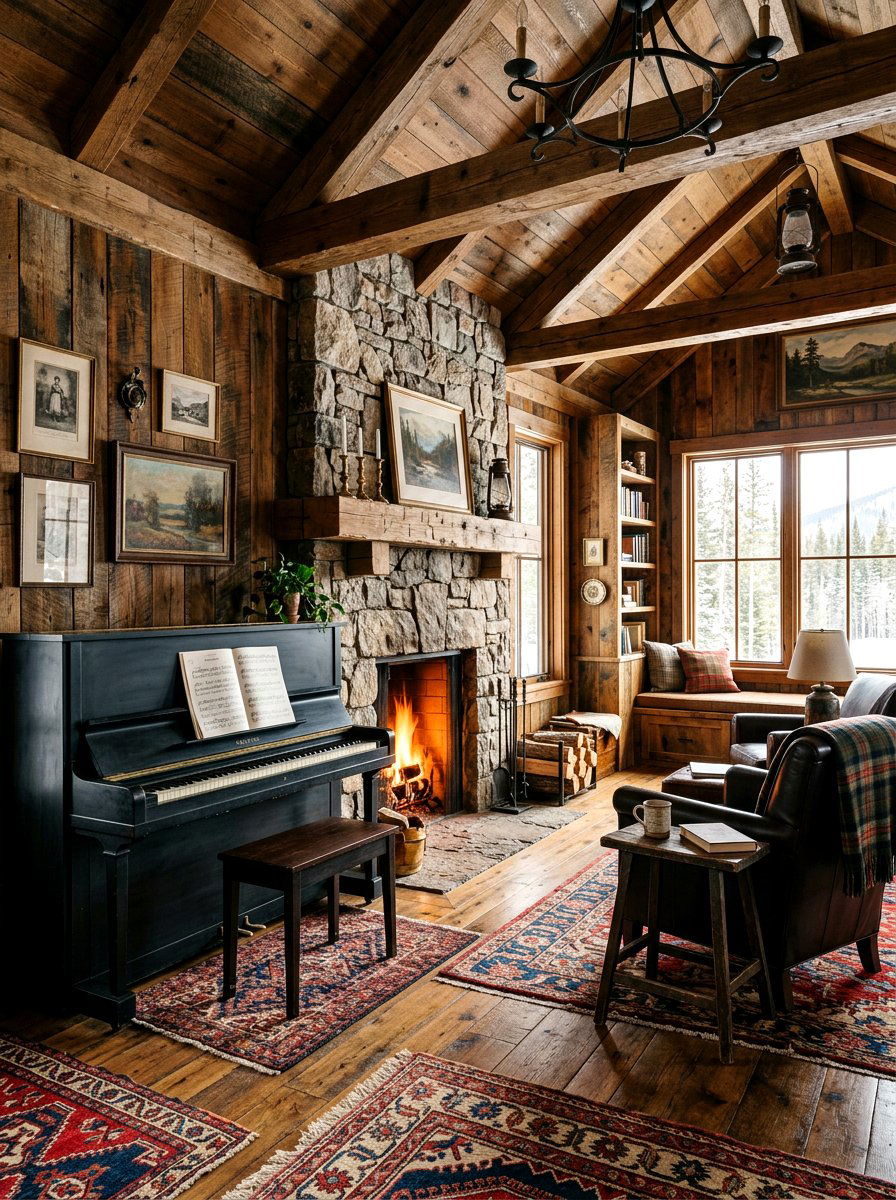 Rustic Piano Cabin - 30 piano room ideas