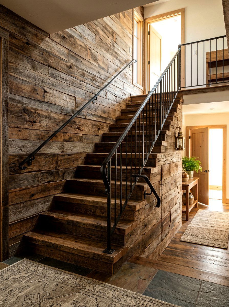 Rustic Reclaimed Wood - 30 staircase wall panel ideas