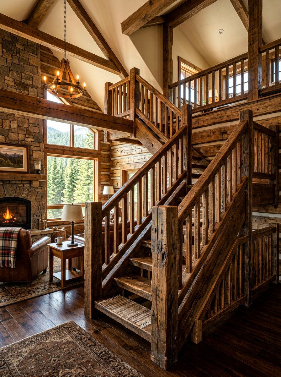 Rustic Reclaimed Wood Banister - 30 banister makeover ideas