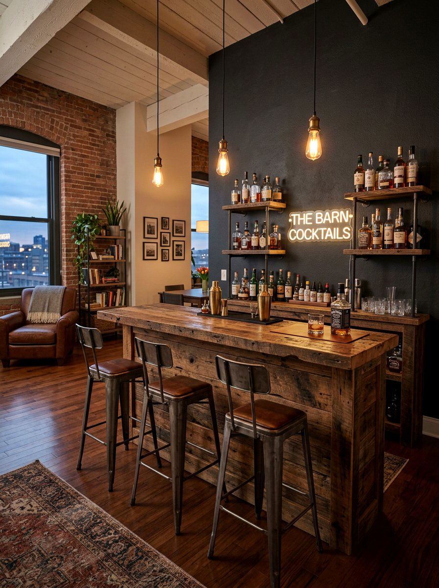 Rustic Reclaimed Wood Bar - 30 small space dining table ideas