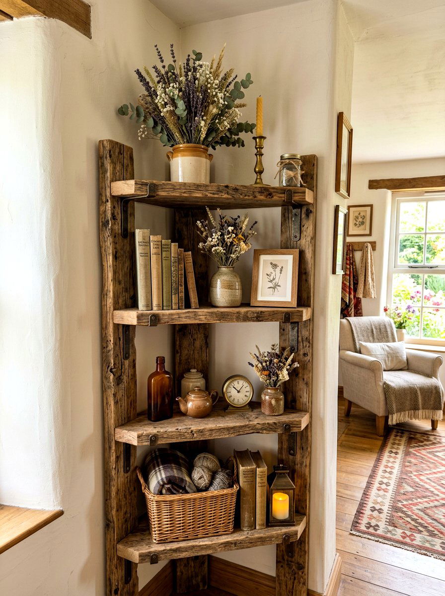 Rustic Reclaimed Wood Corner Shelf - 30 living room corner shelf ideas