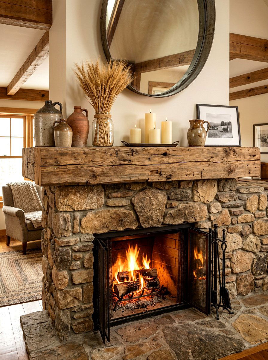 Rustic Reclaimed Wood Mantle - 30 shelfie decor ideas