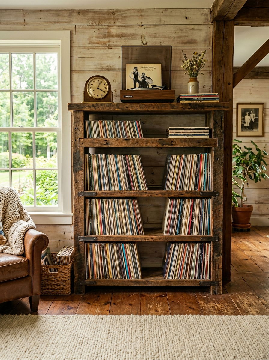 Rustic Reclaimed Wood Record Shelf - 30 vinyl listening corner ideas