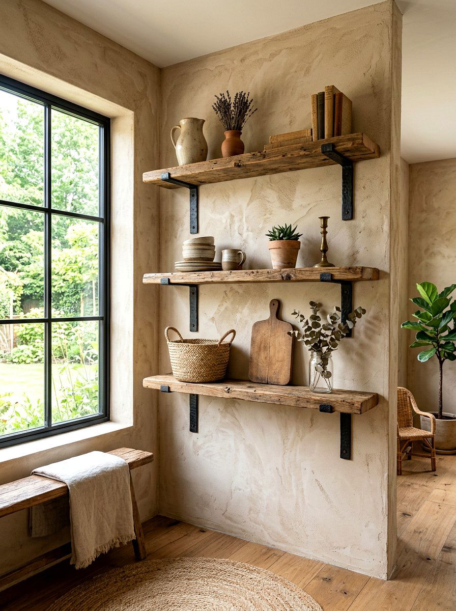 Rustic Reclaimed Wood Shelves - 30 office backdrop shelf ideas