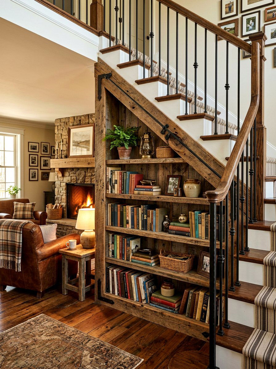 Rustic Reclaimed Wood Under Stair Bookcase - 30 under staircase bookshelf ideas