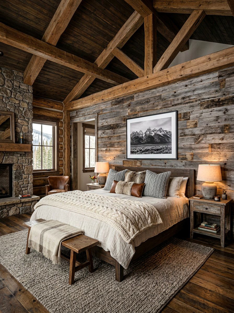 Rustic Reclaimed Wood Wall - 30 wall wrapped headboard ideas