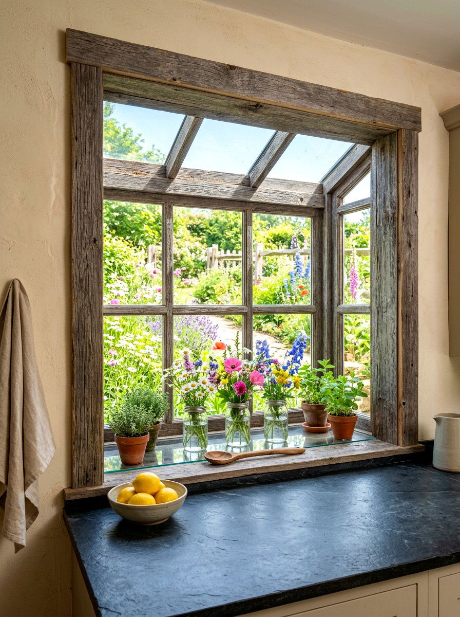 Rustic Reclaimed Wood Window - 30 greenhouse window kitchen ideas