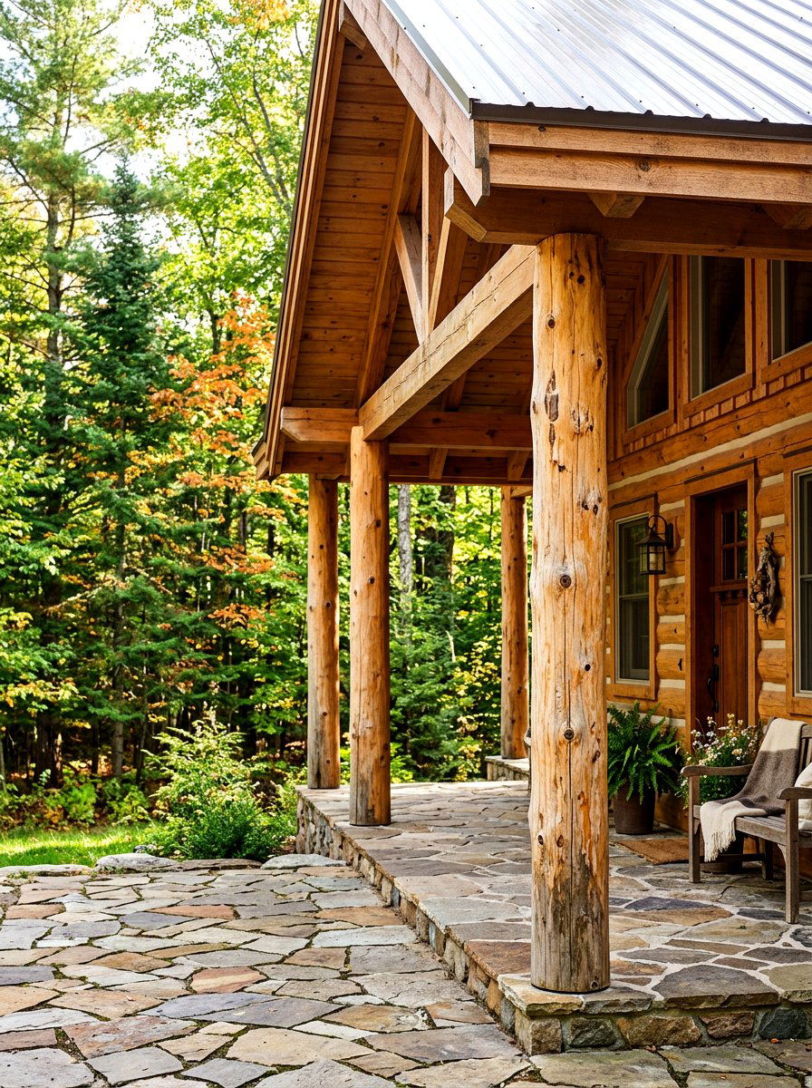 Rustic Round Timber Porch Column - 30 farmhouse porch columns ideas