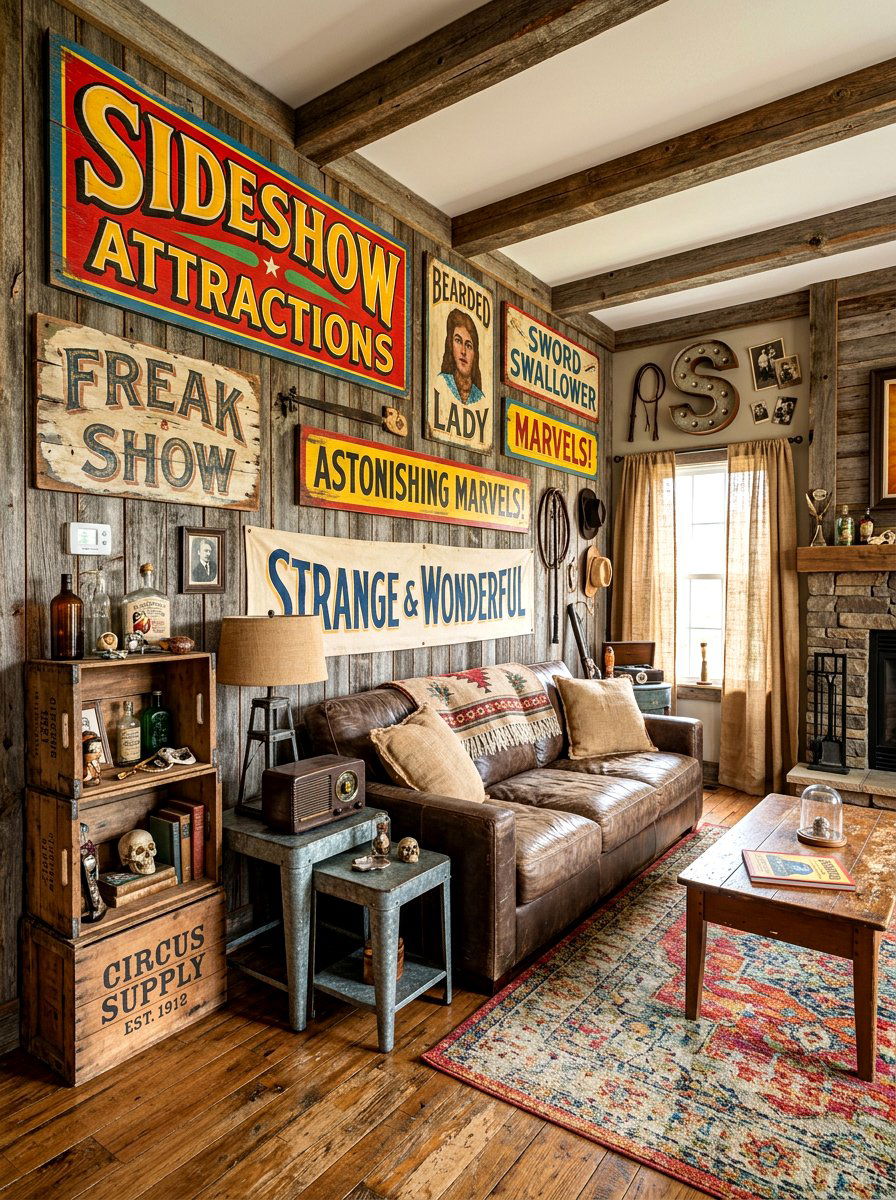 Rustic Sideshow Living Room - 30 circus inspired living room ideas
