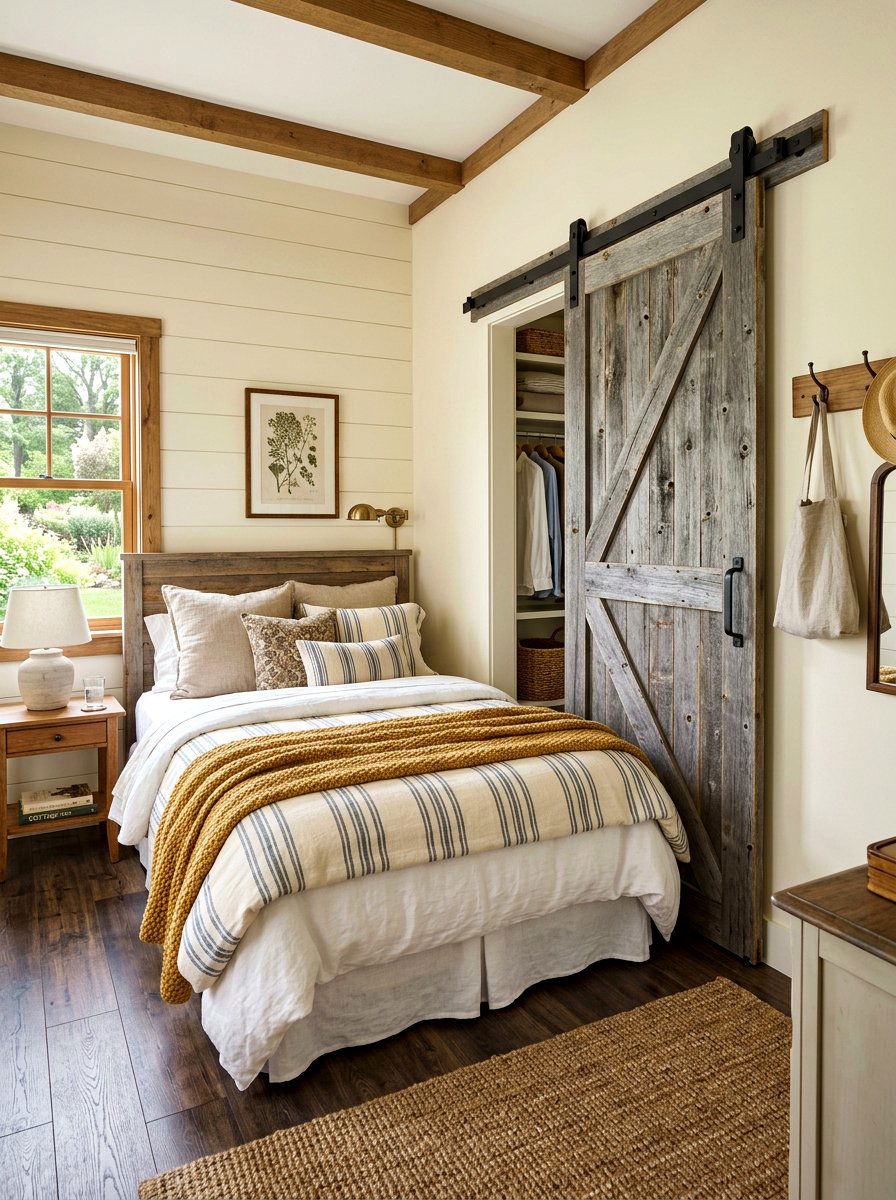 Rustic Sliding Barn Door - 30 tiny cottage bedroom ideas