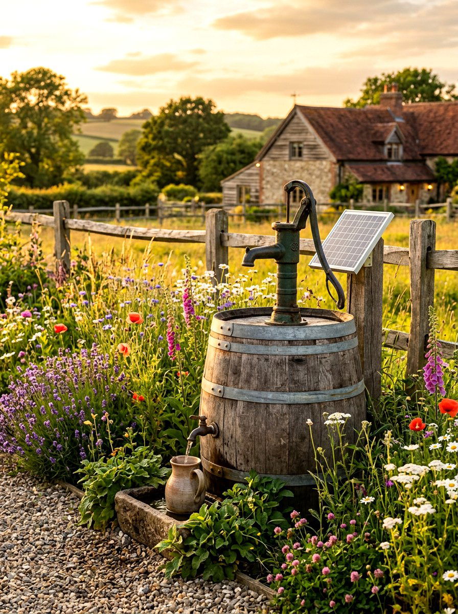 Rustic Solar Pump Barrel - 30 solar fountain ideas