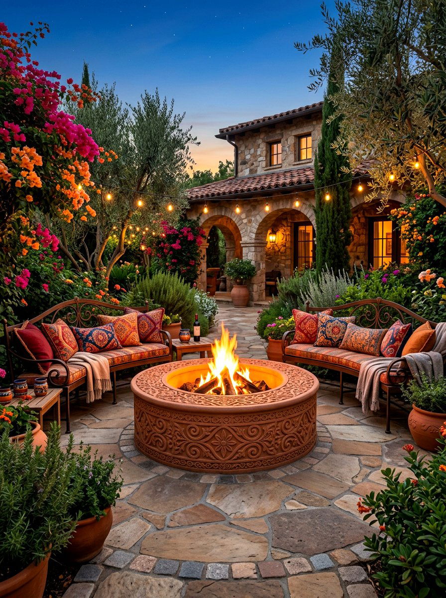 Rustic Spanish Lace Stucco Fire Pit - 30 textured stucco backyard ideas