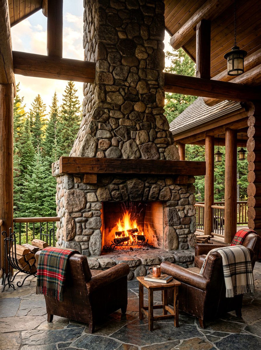 Rustic Stone Fireplace - 30 chalet porch ideas