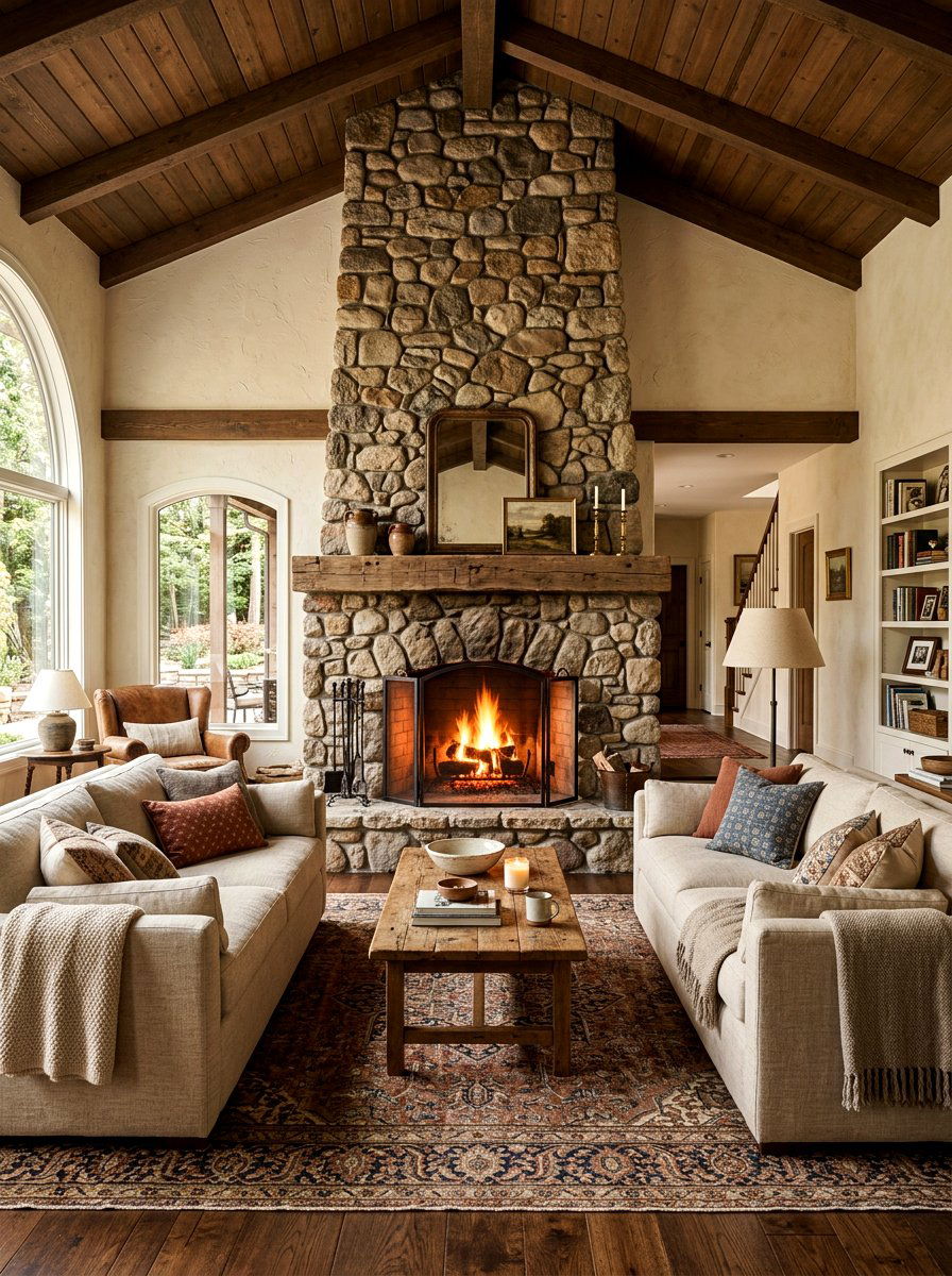 Rustic Stone Fireplace Living Room - 30 French cottage decor ideas