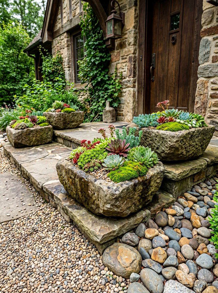 Rustic Stone Front Stoop Planters - 30 front stoop garden ideas
