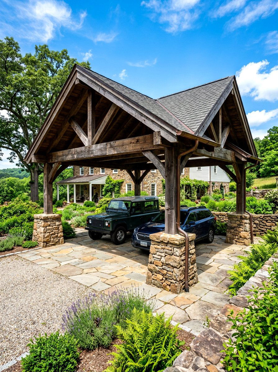 Rustic Stone Pillar Carport - 30 farmhouse carport ideas