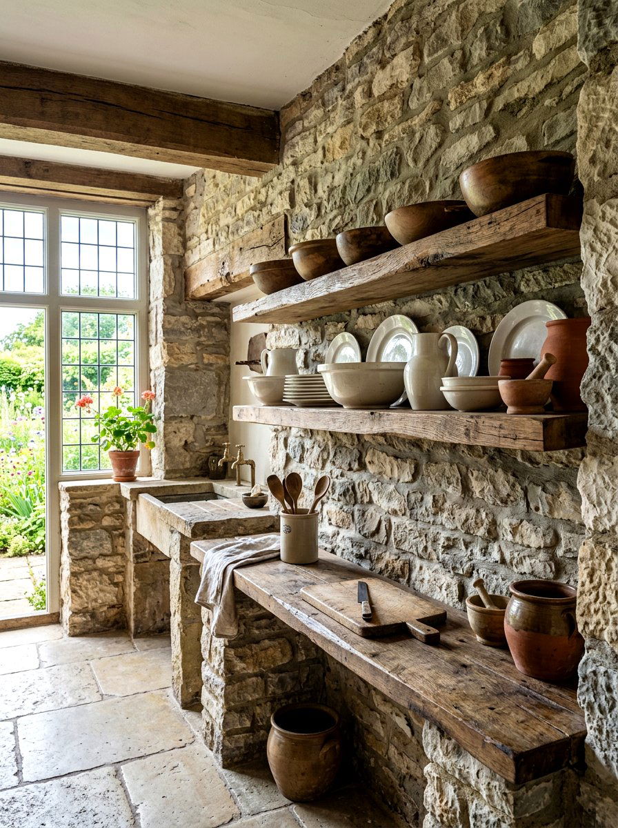 Rustic Stone Wall Shelf - 30 French cottage kitchen shelf ideas