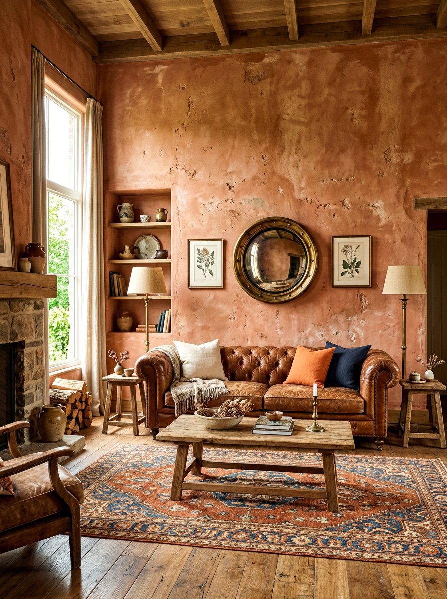 Rustic Terracotta Wall Finish - 30 terracotta washed living room ideas