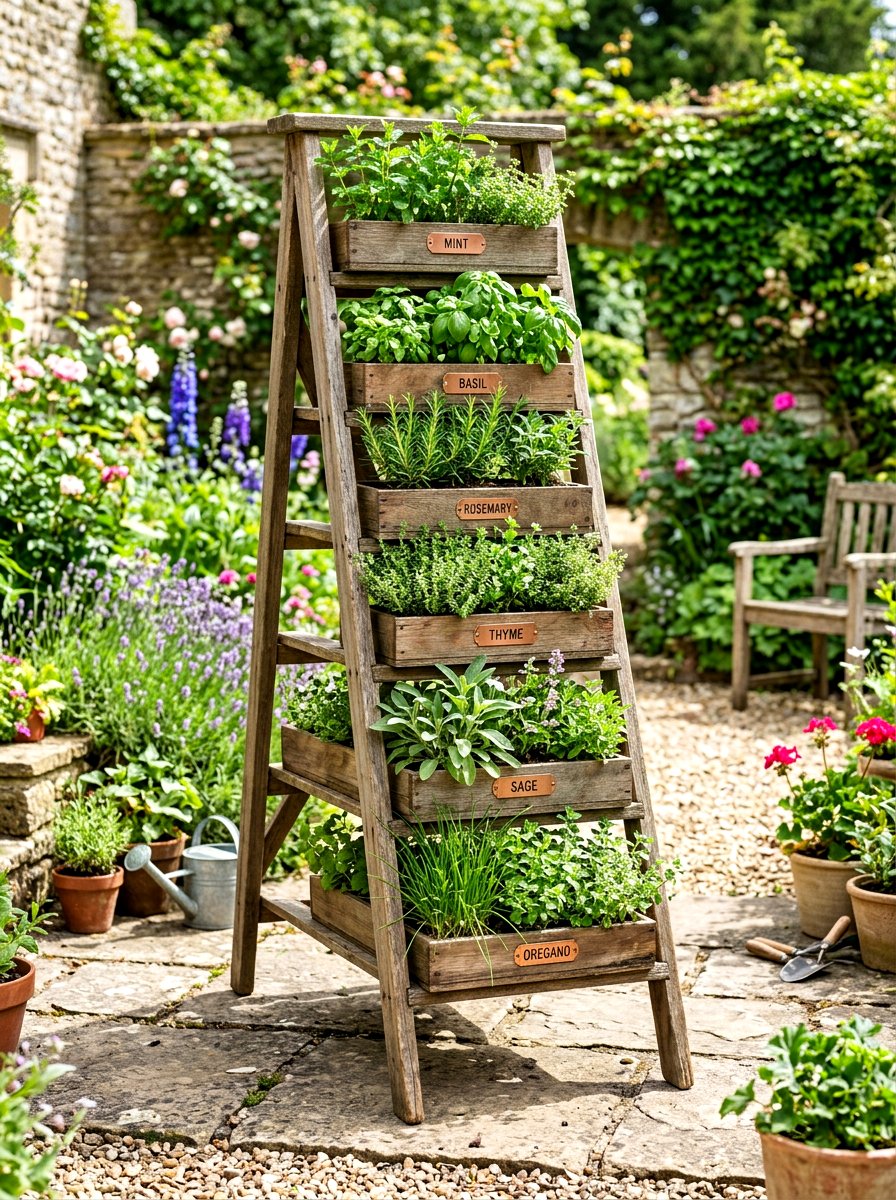 Rustic Tiered Wood Shelf - 30 hanging herb garden ideas
