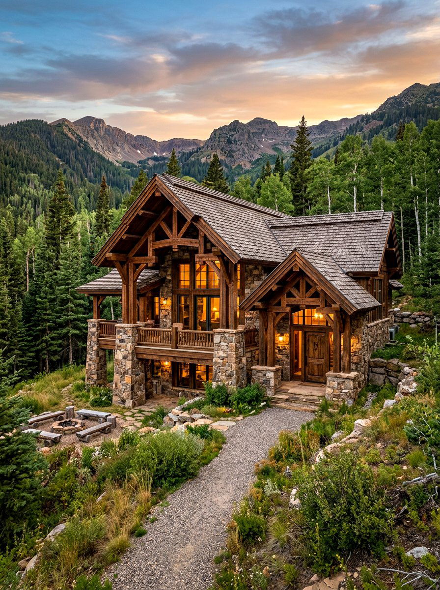 Rustic Timber Frame And Dry Stack Stone - 30 stone and wood exterior ideas