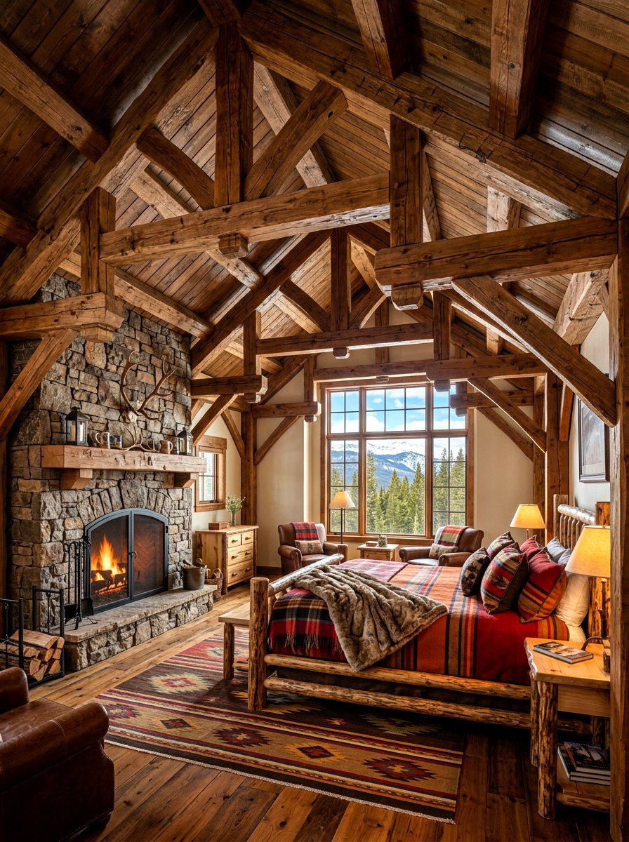 Rustic Timber Framing - 30 sloped ceiling bedroom ideas