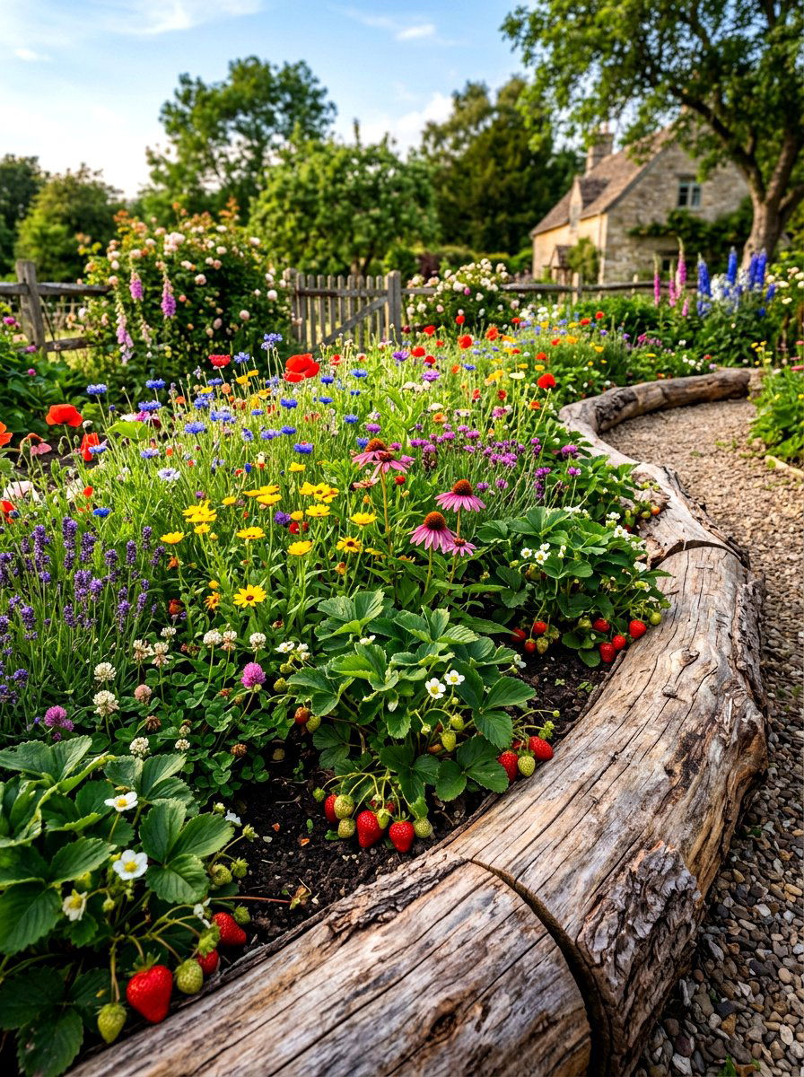 Rustic Timber Garden Border - 30 cottage border backyard ideas