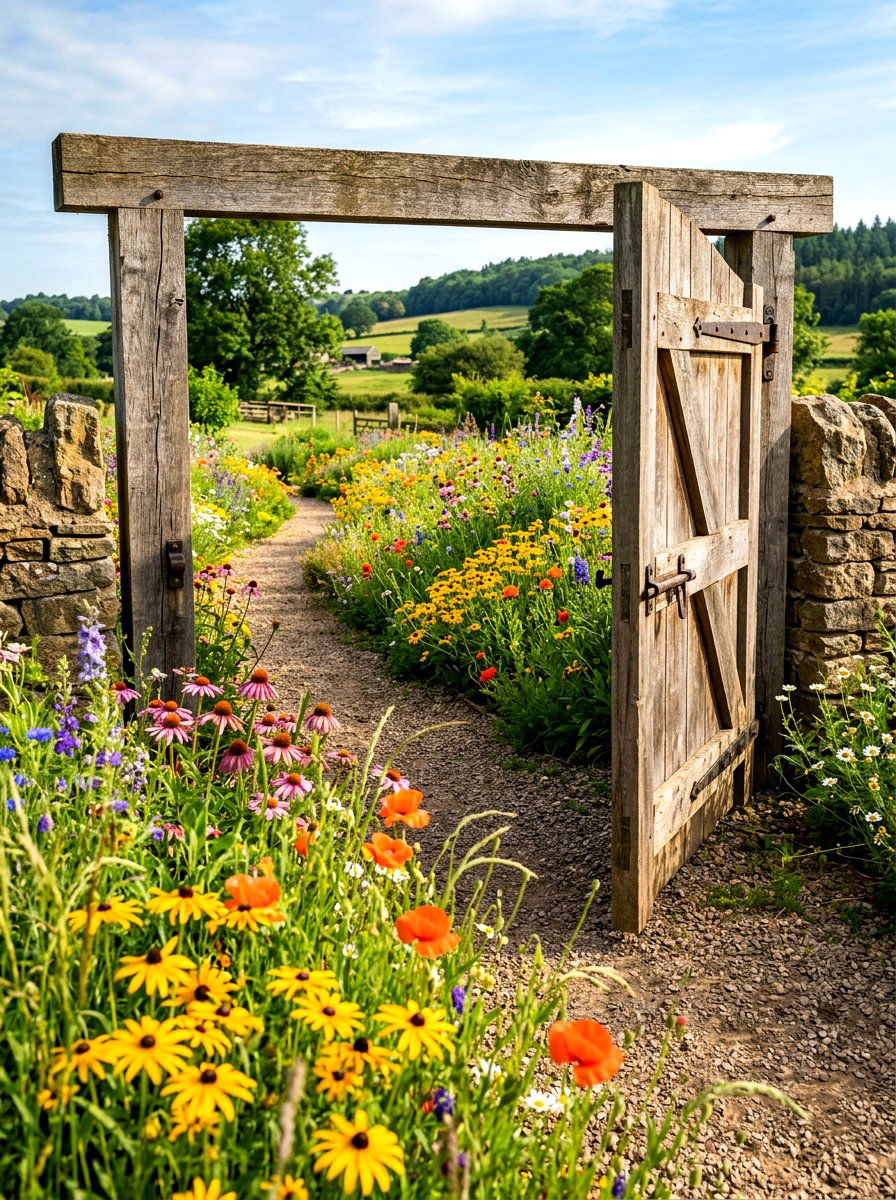 Rustic Timber Gate And Wildflowers - 30 driveway gate landscaping ideas
