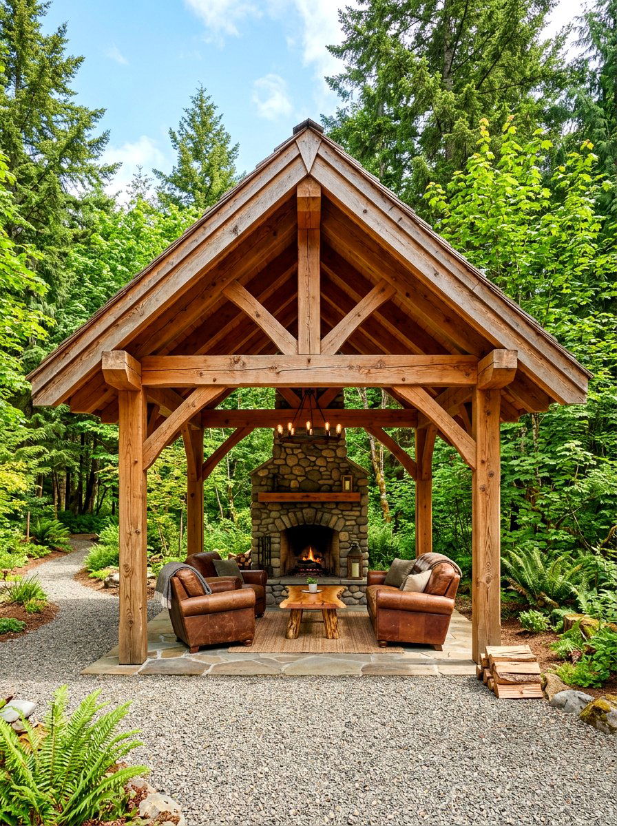 Rustic Timber Pavilion - 30 backyard pavilion lounge ideas