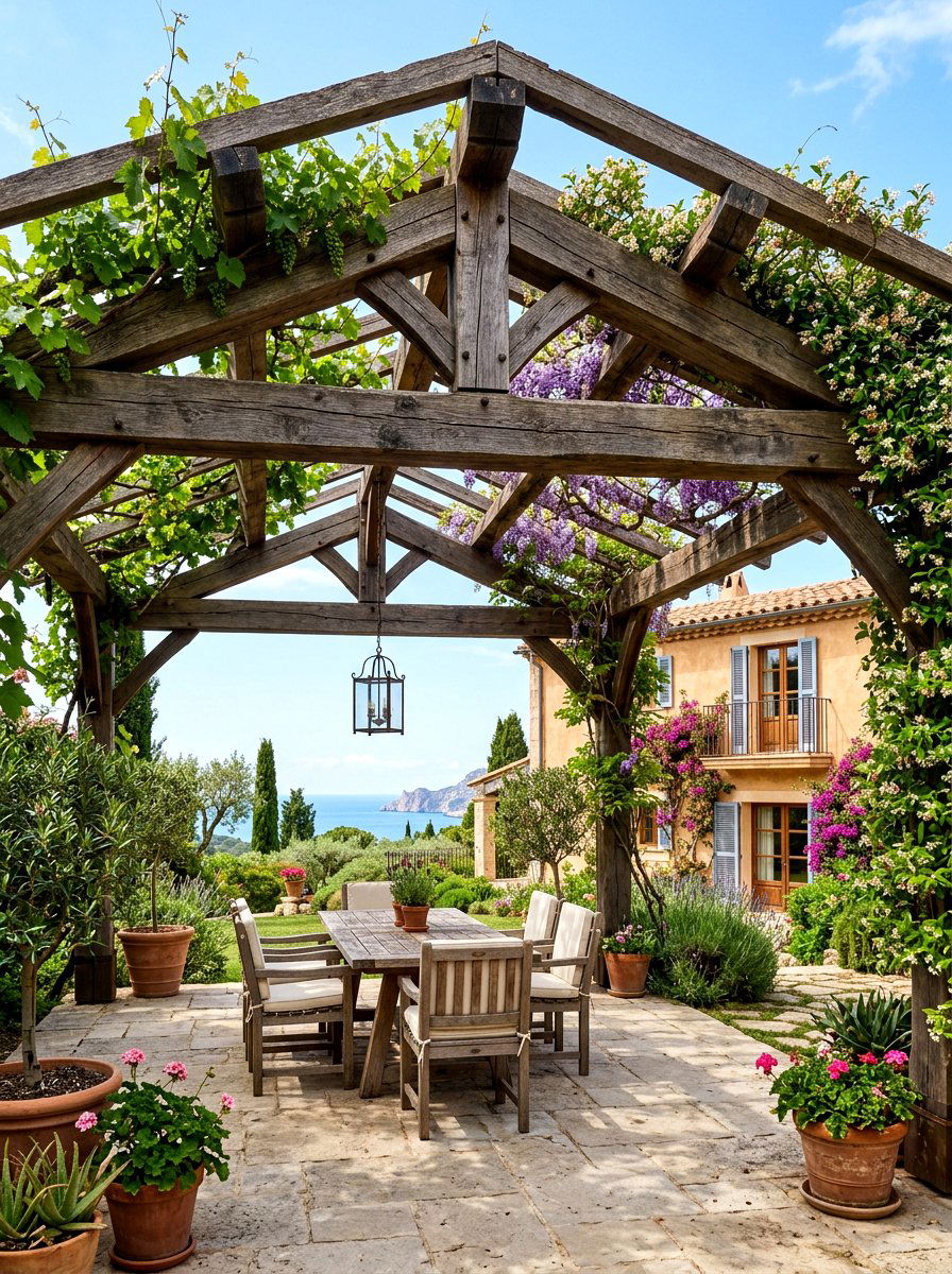 Rustic Timber Pergola - 30 Mediterranean garden ideas