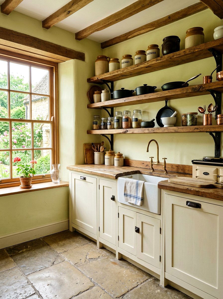 Rustic Timber Shelves - 30 English country kitchen shelf ideas