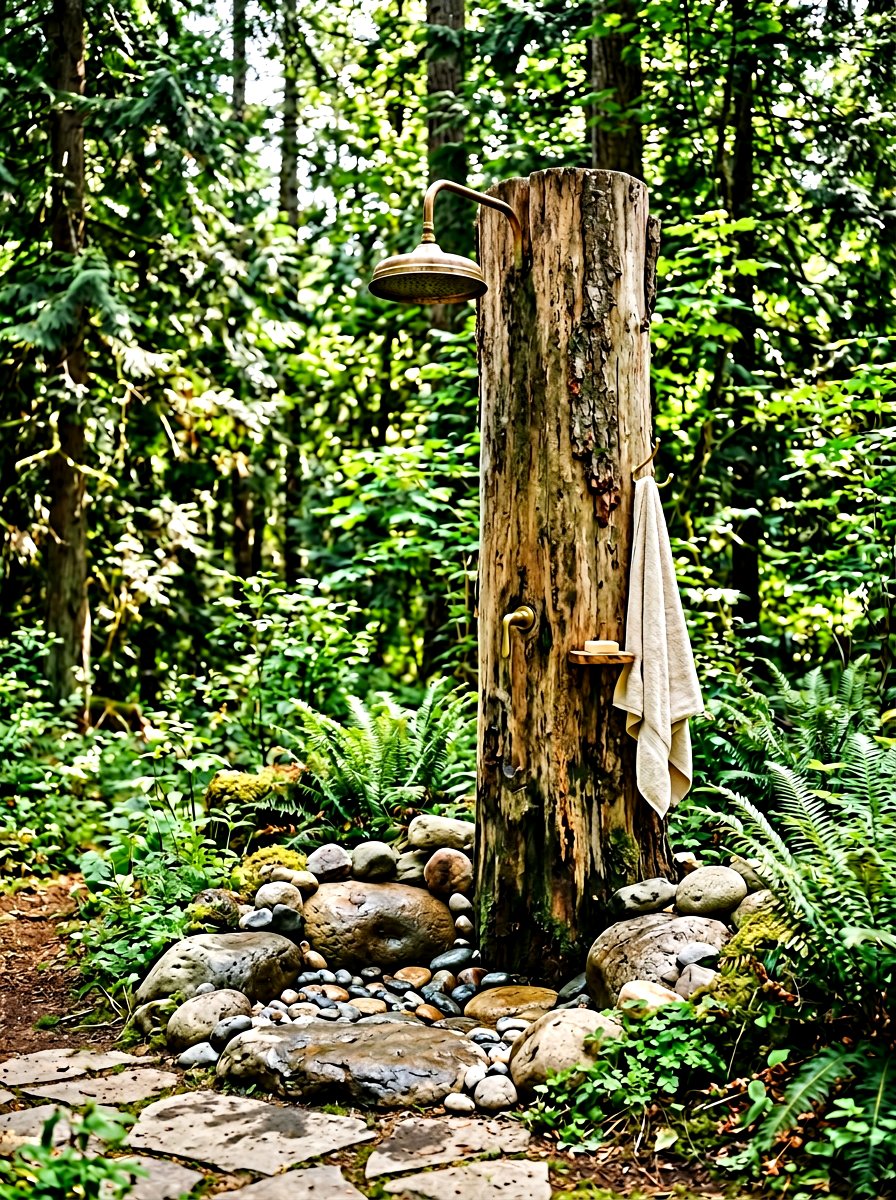 Rustic Tree Trunk Shower - 30 outdoor shower ideas