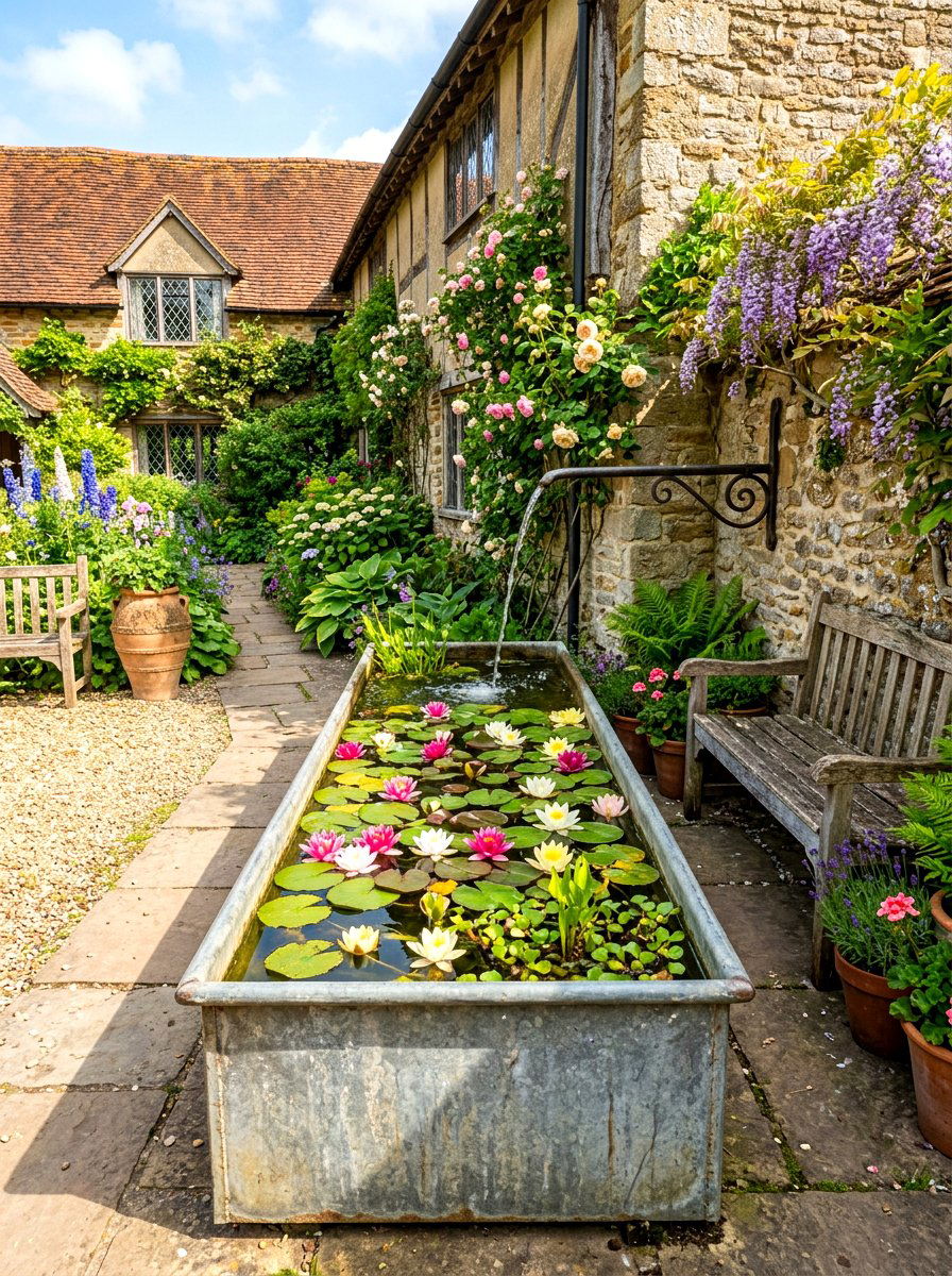 Rustic Trough Fountain - 30 outdoor courtyard fountain ideas