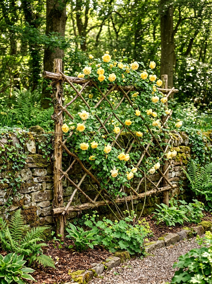 Rustic Twig Support - 30 rose trellis wall ideas