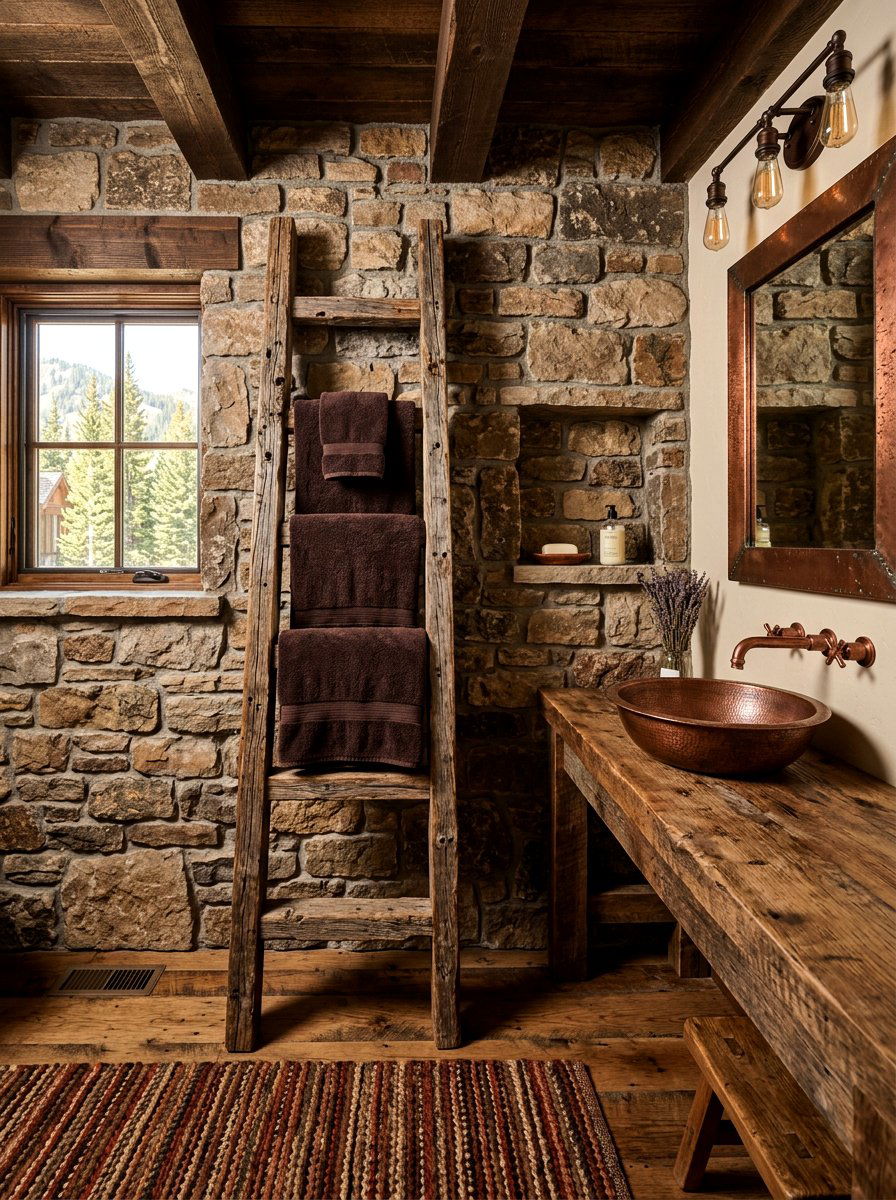 Rustic Weathered Wood Ladder - 30 towel ladder ideas