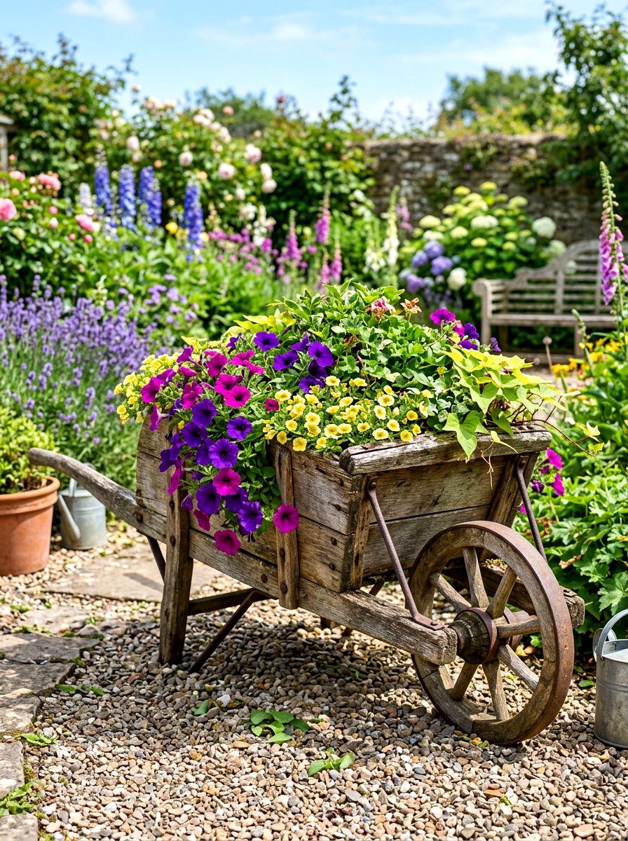 Rustic Wheelbarrow Planter - 30 cottage flower bed ideas