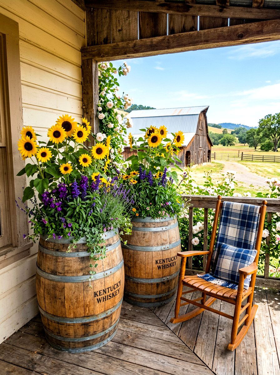 Rustic Whiskey Barrel Display - 30 porch planter arrangement ideas