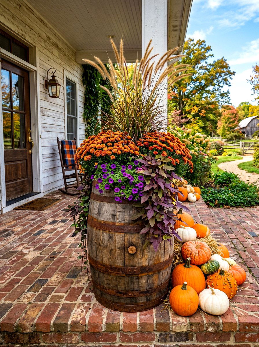 Rustic Whiskey Barrel Planter - 30 fall porch planter ideas