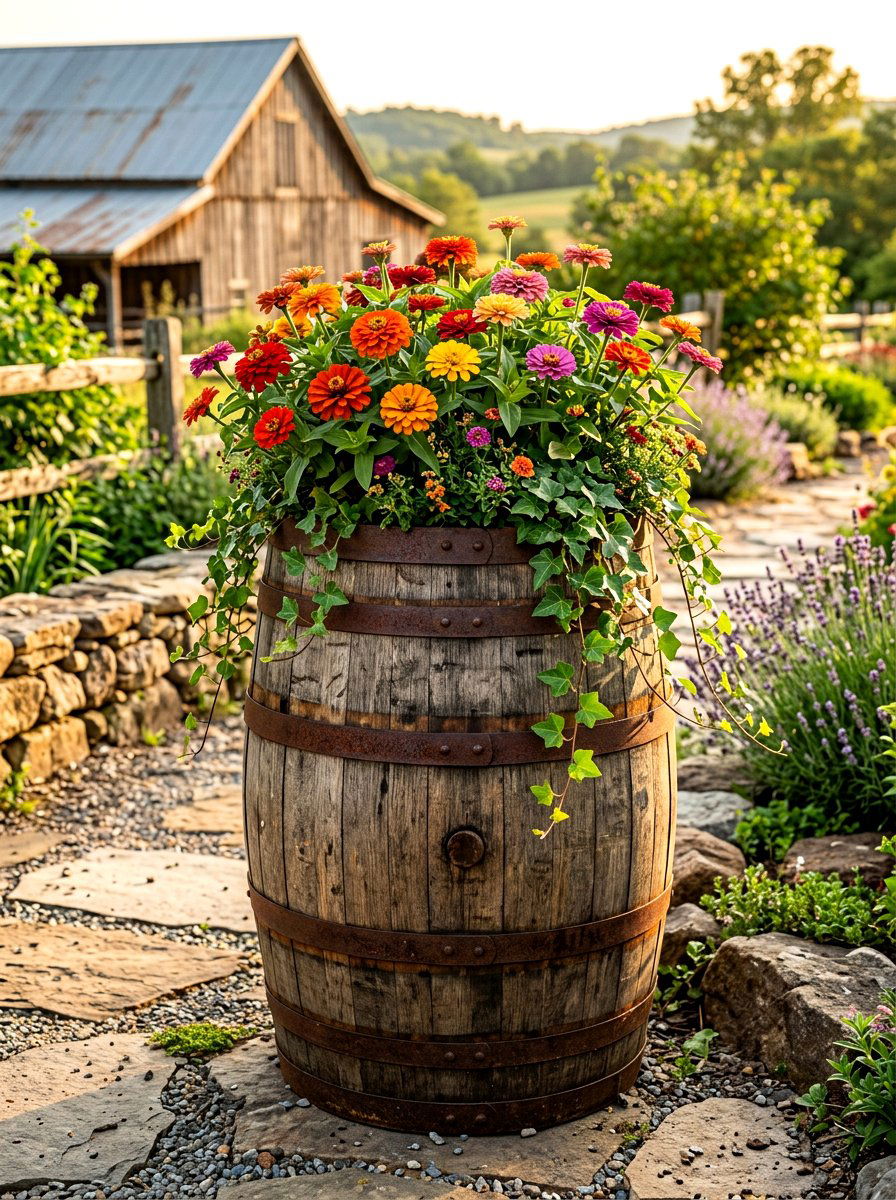 Rustic Whiskey Barrel Planter - 30 porch column planter ideas